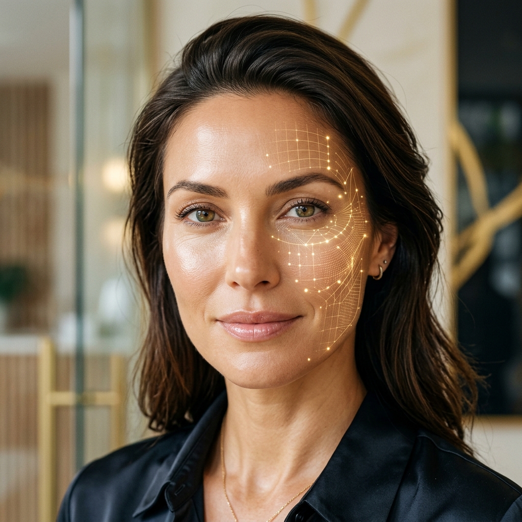 Mulher com estética luxuosa escaneando o rosto com IA