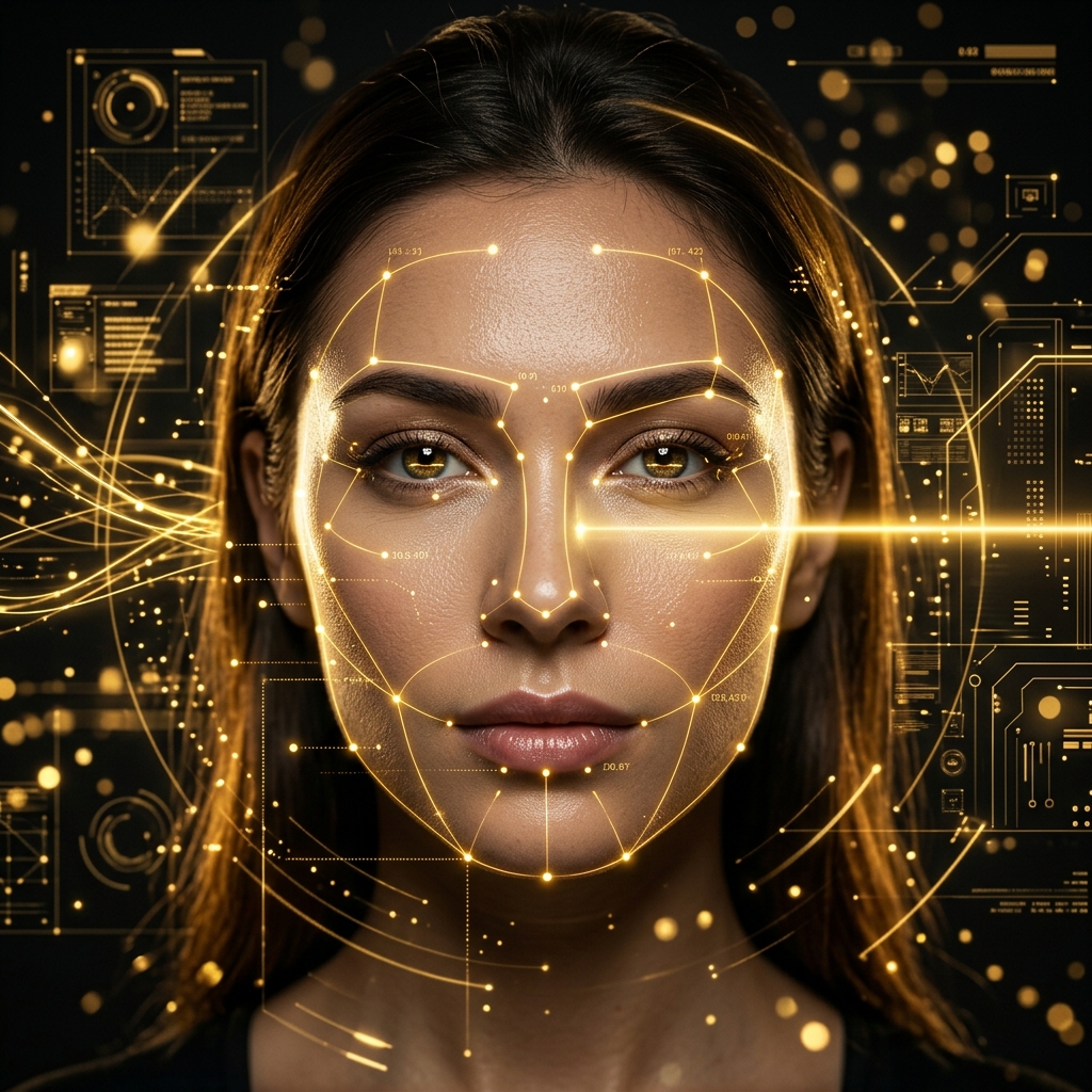 Inteligência artificial analisando o rosto com tecnologia avançada