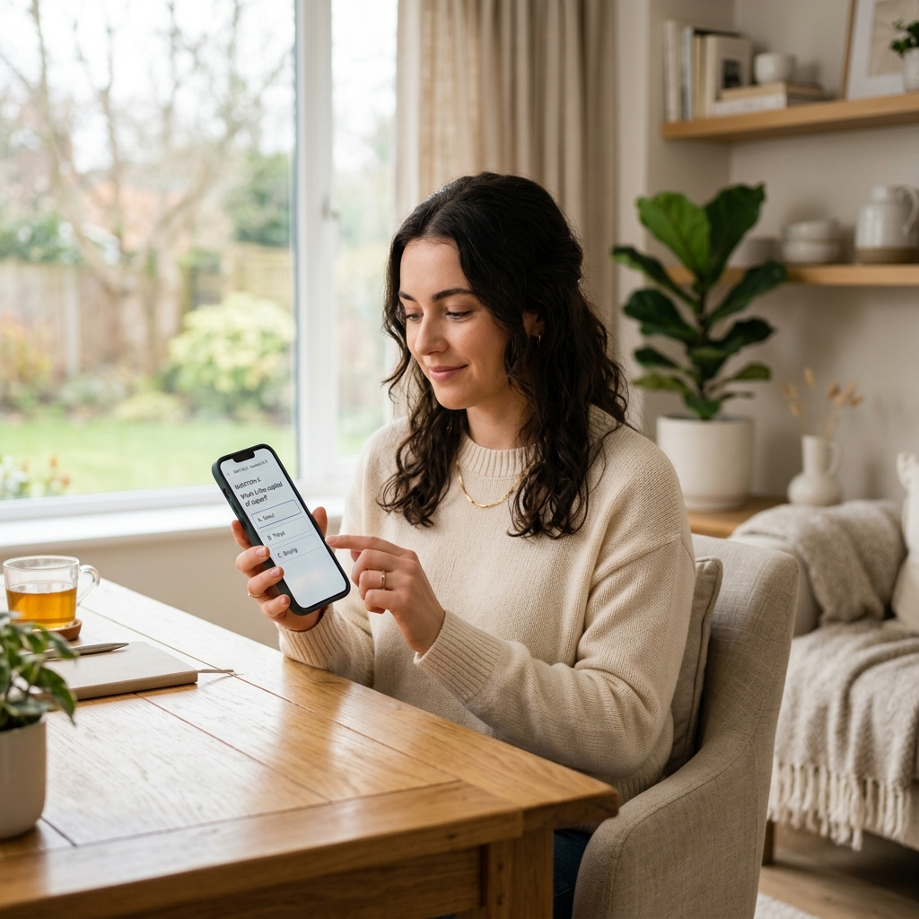 Mulher respondendo quiz no celular