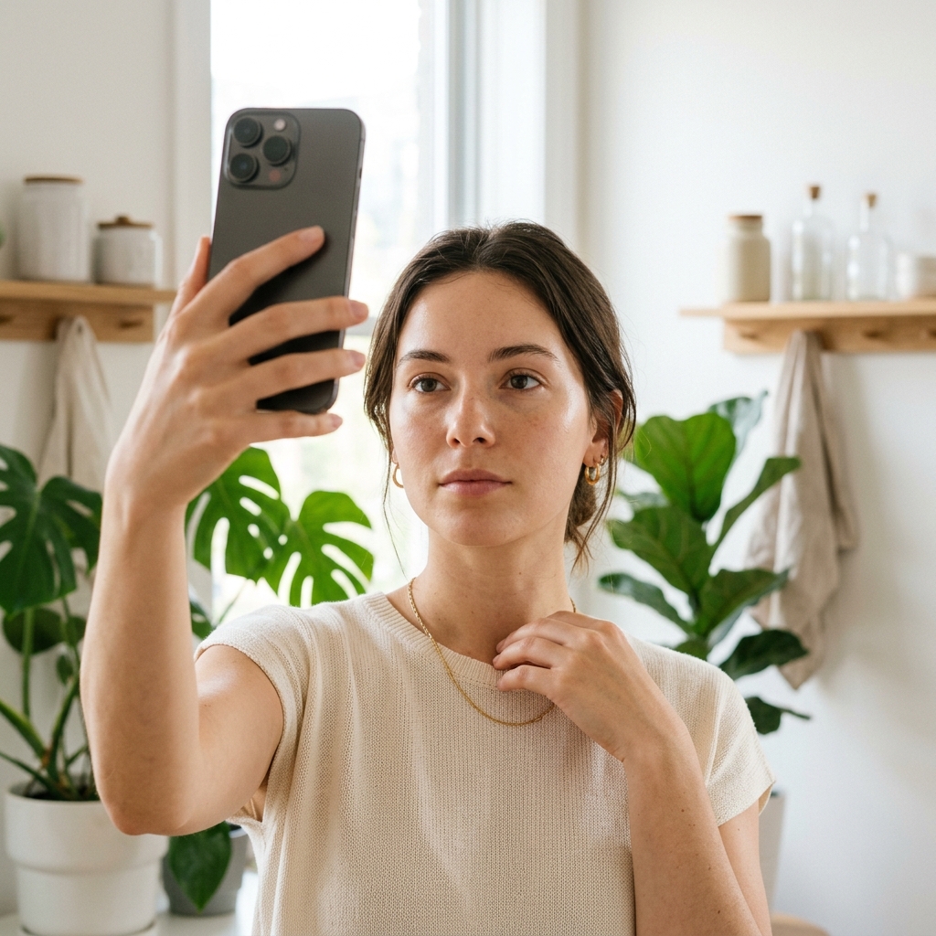 Mulher tirando selfie de perfil neutro