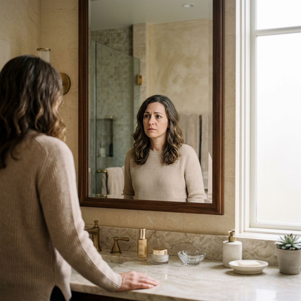 Mulher olhando no espelho preocupada com envelhecimento